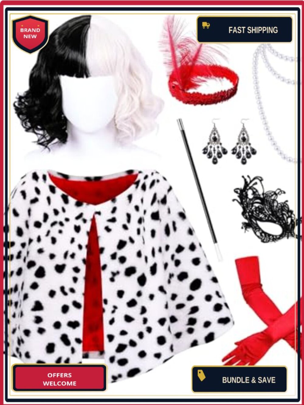 Dalmatian Costume Shawl Gloves Wig Mask Faux Fur Fancy Dress Cosplay Set